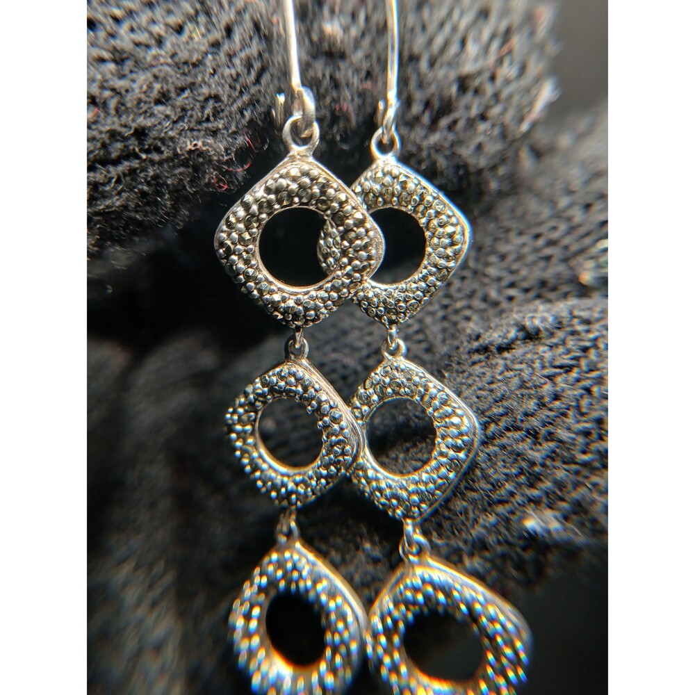 Vintage Sterling Silver 925 Art Deco Marcasite Triple Dangle Earrings ~2.375"